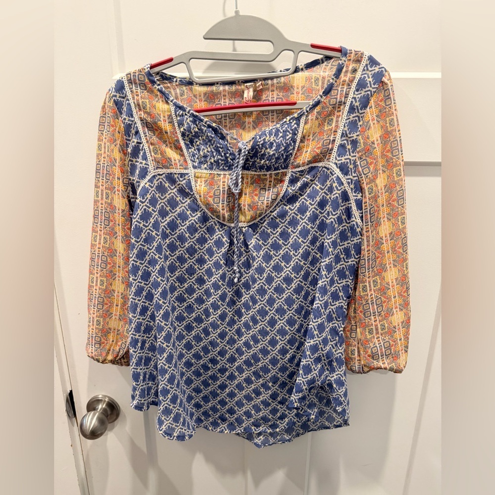 Red Camel Boho Peasant Blouse Small | Tie Neck | 3/4 Sleeve Geometric Top
